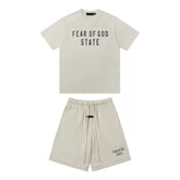 FOG ESSENTIALS Double Line Sports and Leisure Set, Advanced Loose Round Neck Short sleeved T-shirt, Pure Cotton Shorts, Trendy (7)