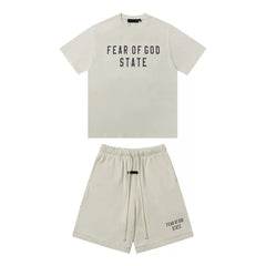 FOG ESSENTIALS Double Line Sports and Leisure Set, Advanced Loose Round Neck Short sleeved T-shirt, Pure Cotton Shorts, Trendy (7)