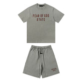 FOG ESSENTIALS Double Line Sports and Leisure Set, Advanced Loose Round Neck Short sleeved T-shirt, Pure Cotton Shorts, Trendy (9)