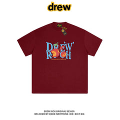 Drew Rich Wine Red Peach Letter Graphic Unisex Cotton T-shirt