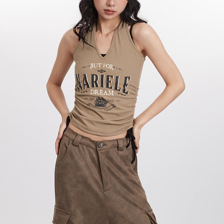 Retro halterneck drawstring sleeveless vest (women's)