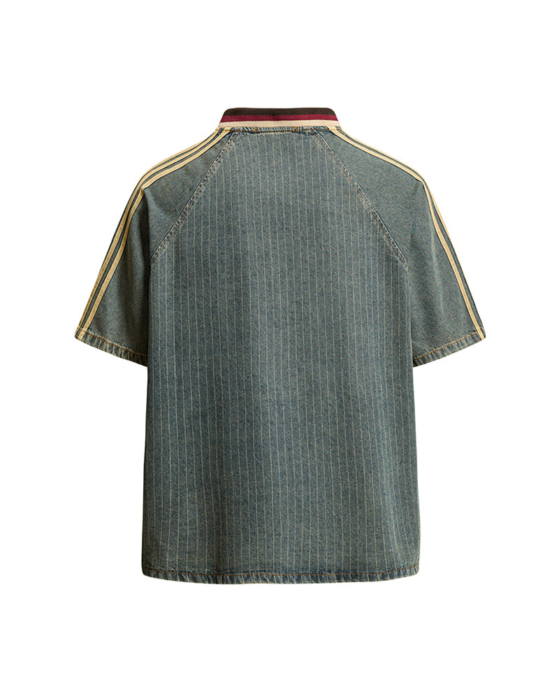 Distressed denim short-sleeved shirt with appliqué