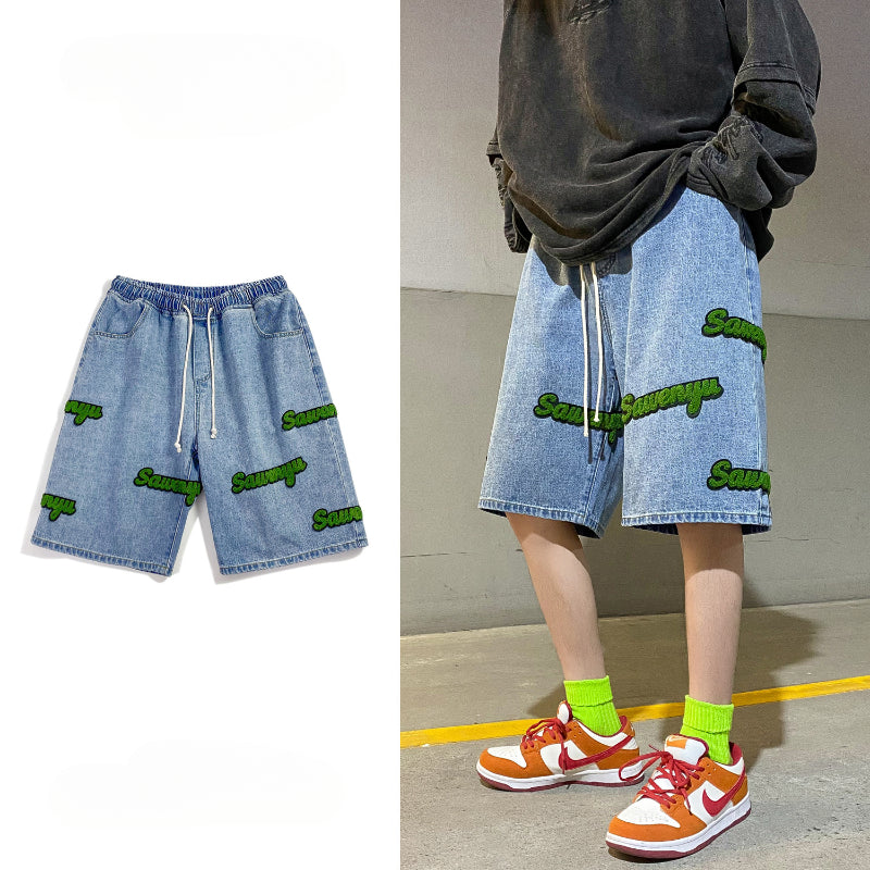 Men Jeans Shorts Summer Loose Casual Pants Retro Cropped Pants