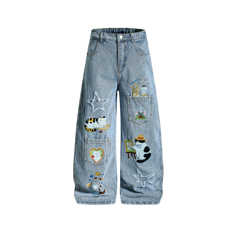 Retro-style fun embroidered jeans