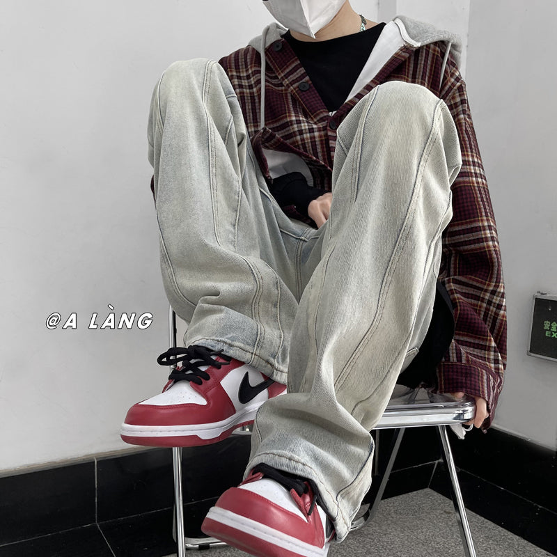 Men Jeans Loose Straight Hiphop Draping Rivet Overalls