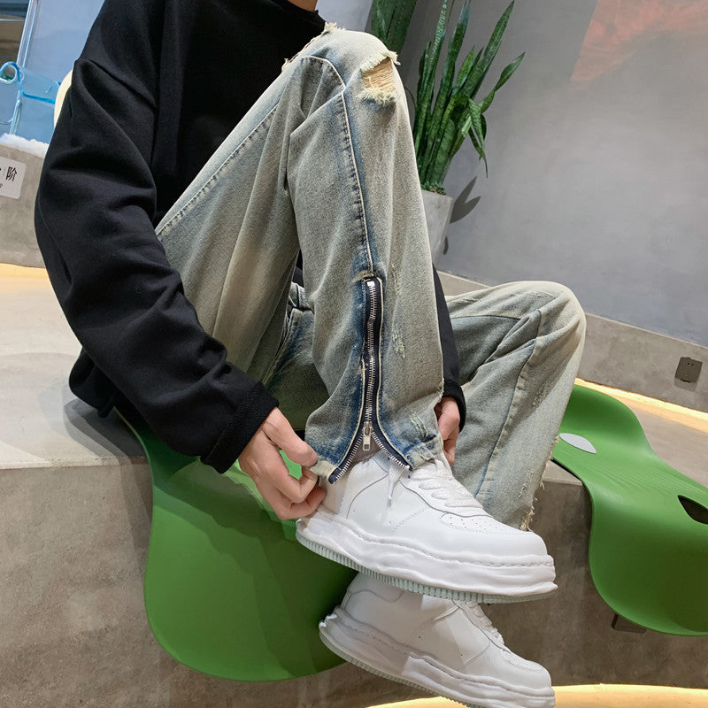 Men Jeans Ripped Jeans Summer Zipper Pants