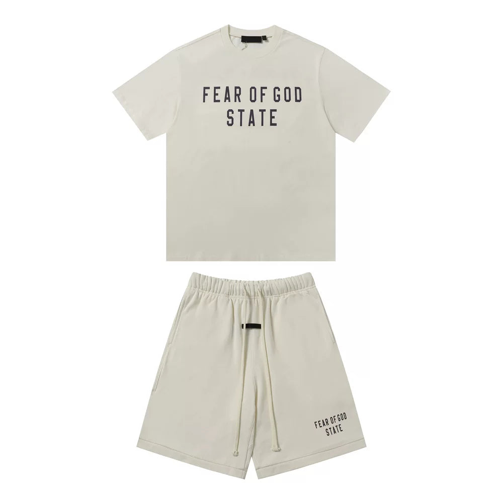 FOG ESSENTIALS Double Line Sports and Leisure Set, Advanced Loose Round Neck Short sleeved T-shirt, Pure Cotton Shorts, Trendy (7)