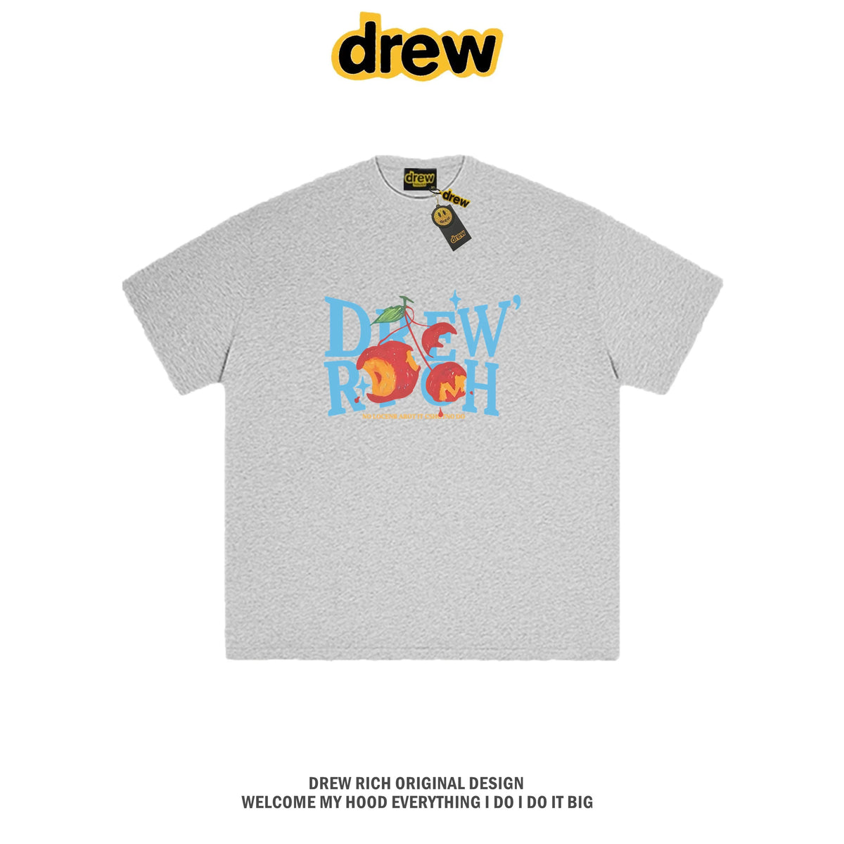 Drew Rich Grey Peach Letter Graphic Unisex Cotton T-shirt