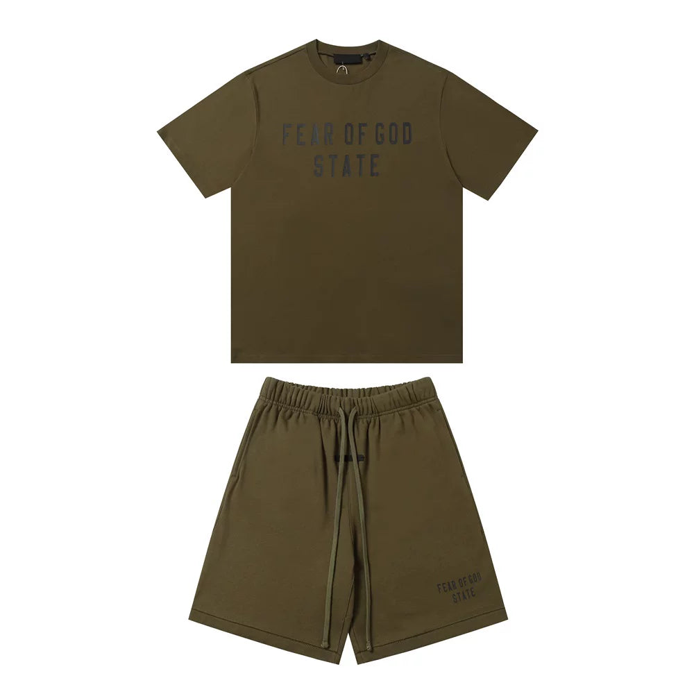 FOG ESSENTIALS Double Line Sports and Leisure Set, Advanced Loose Round Neck Short sleeved T-shirt, Pure Cotton Shorts, Trendy (5)