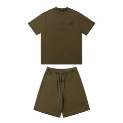 FOG ESSENTIALS Double Line Sports and Leisure Set, Advanced Loose Round Neck Short sleeved T-shirt, Pure Cotton Shorts, Trendy (5)