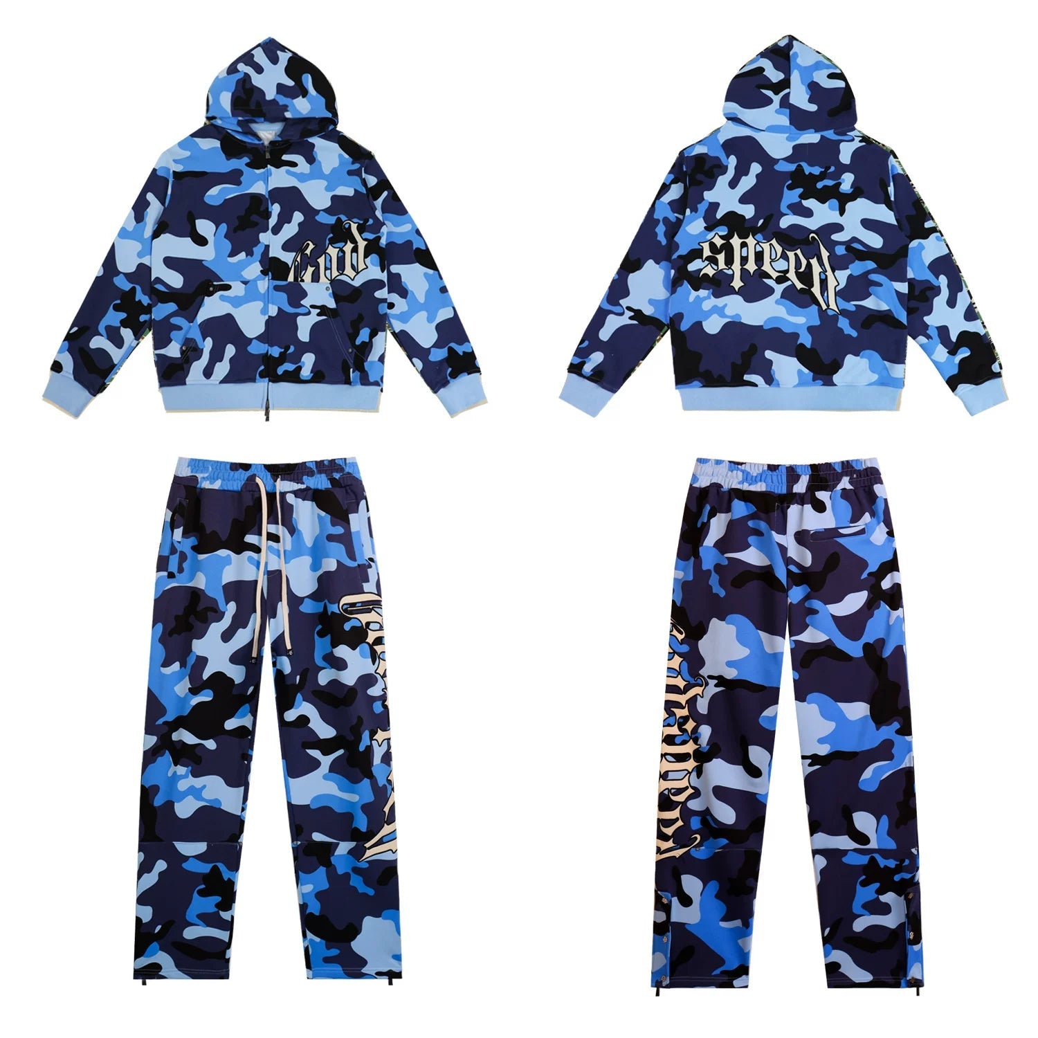 Godspeed Blue Camo Embroidered Zip Hoodie Tracksuit Set