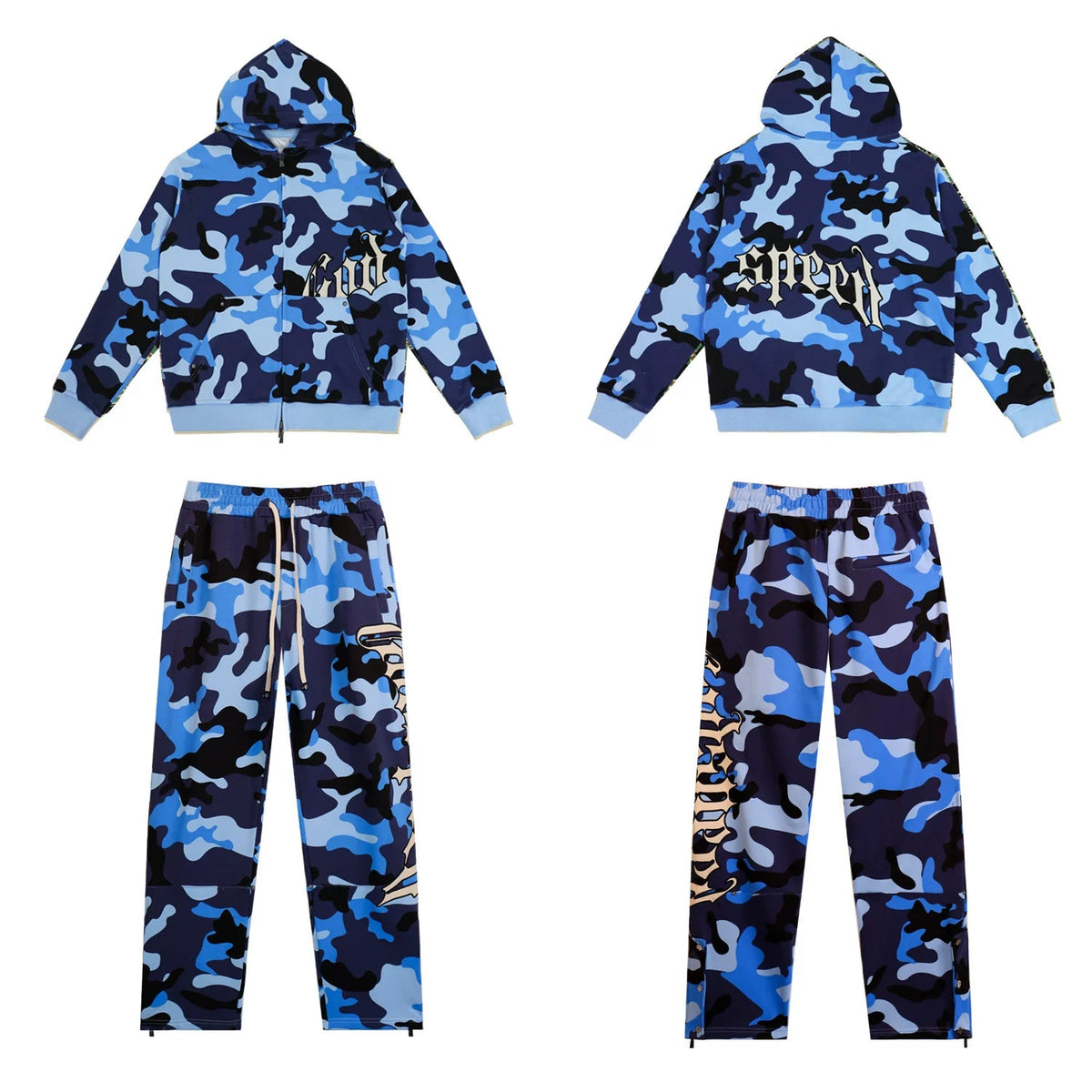 Godspeed Blue Camo Embroidered Zip Hoodie Tracksuit Set