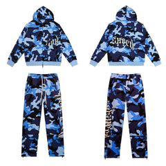 Godspeed Blue Camo Embroidered Zip Hoodie Tracksuit Set