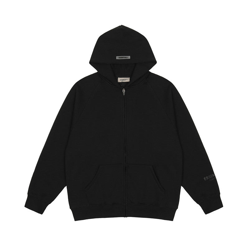 Fear Of God Essentials Black Tone-On-Tone Sleeve Logo Zip Up Micro Fleece Hooded Jacket