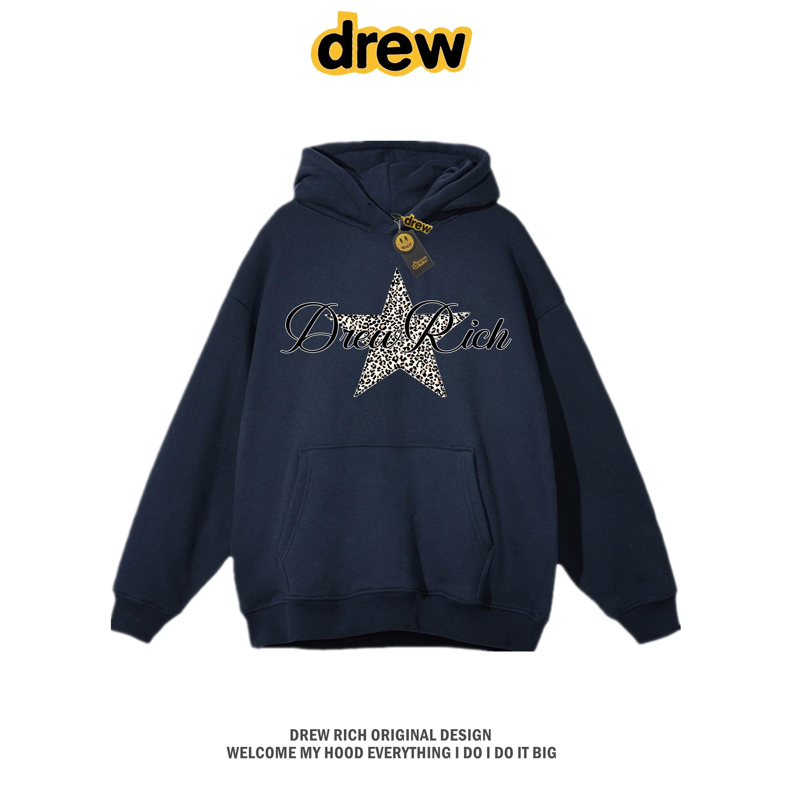 Drew Rich Navy Blue Leopard Star Graphic Unisex Hooded Sweatshirt