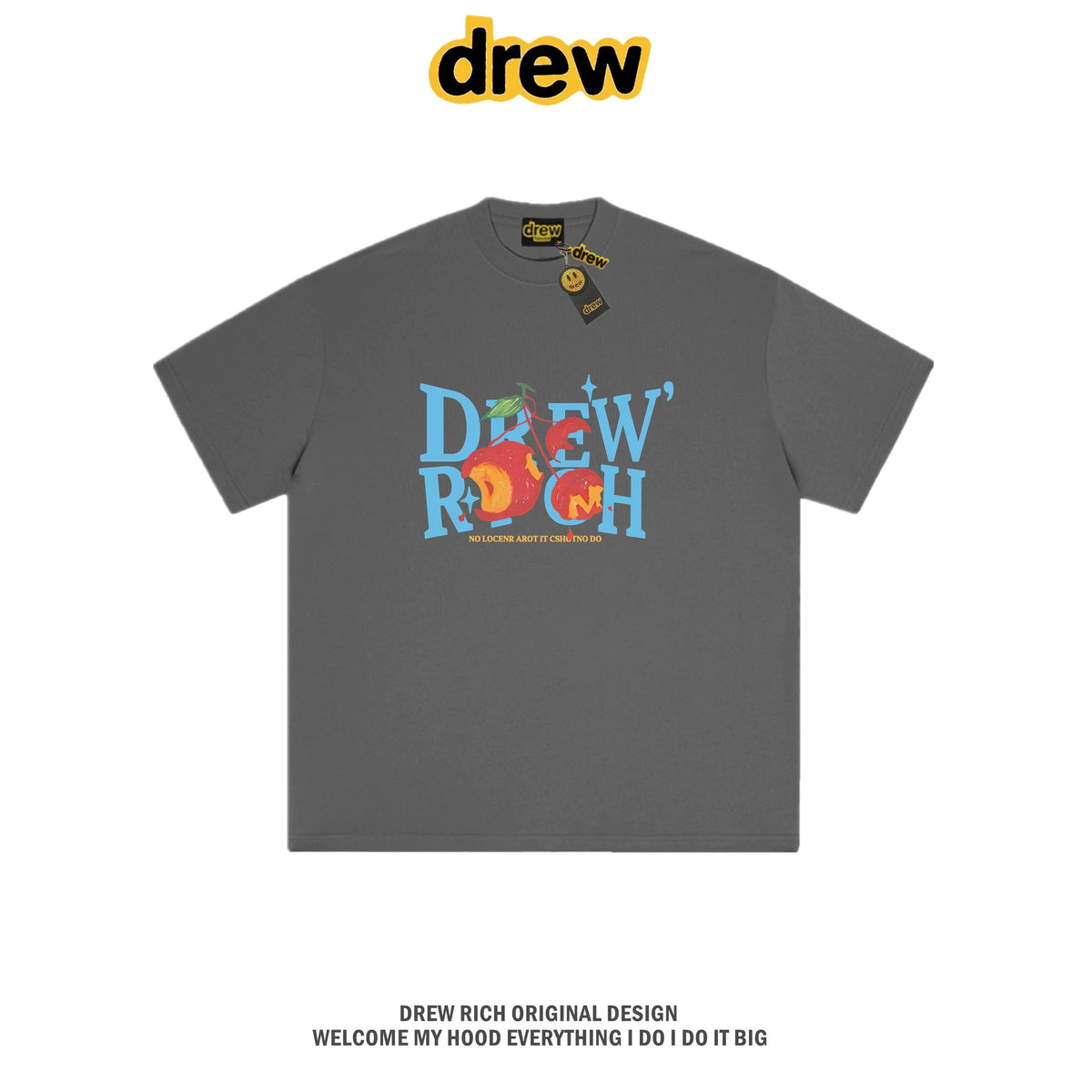 Drew Rich Dark Grey Peach Letter Graphic Unisex Cotton T-shirt