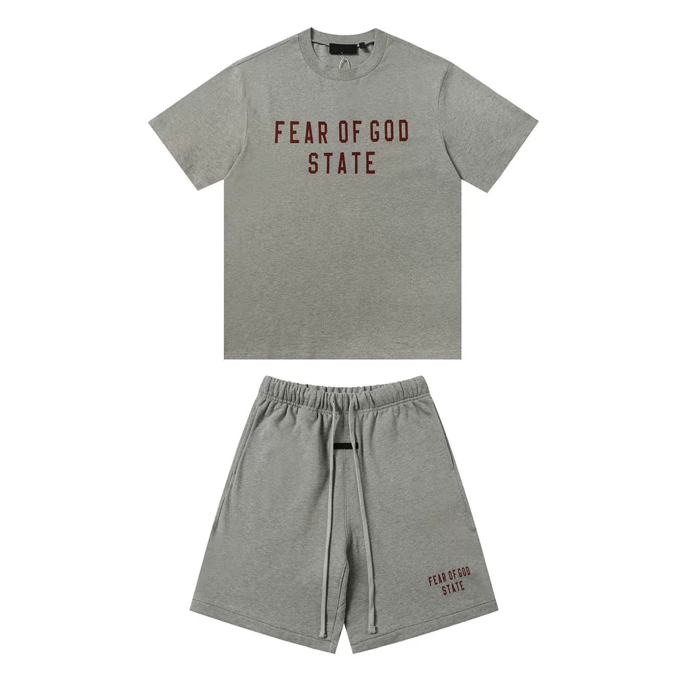 FOG ESSENTIALS Double Line Sports and Leisure Set, Advanced Loose Round Neck Short sleeved T-shirt, Pure Cotton Shorts, Trendy (9)