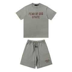 FOG ESSENTIALS Double Line Sports and Leisure Set, Advanced Loose Round Neck Short sleeved T-shirt, Pure Cotton Shorts, Trendy (9)