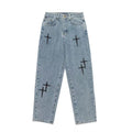 Men Jeans Autumn Cross Paste Cloth Embroidery Loose Straight Wide Trousers