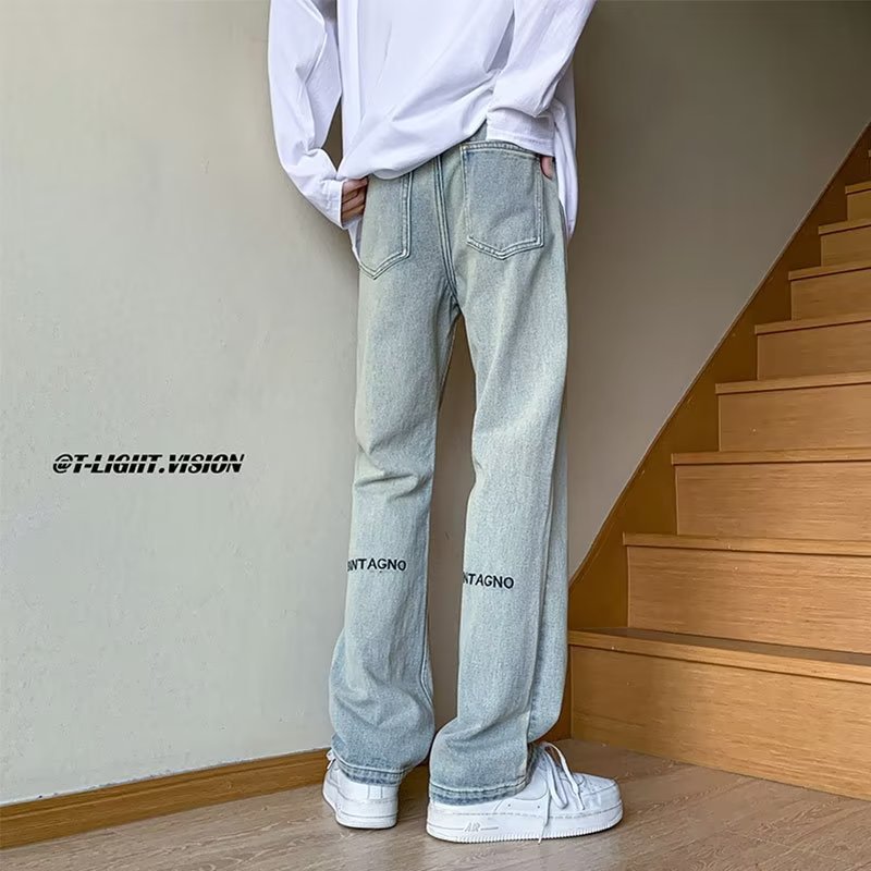 Men Jeans Embroidered Jeans Slim Fit Bootcut Pants