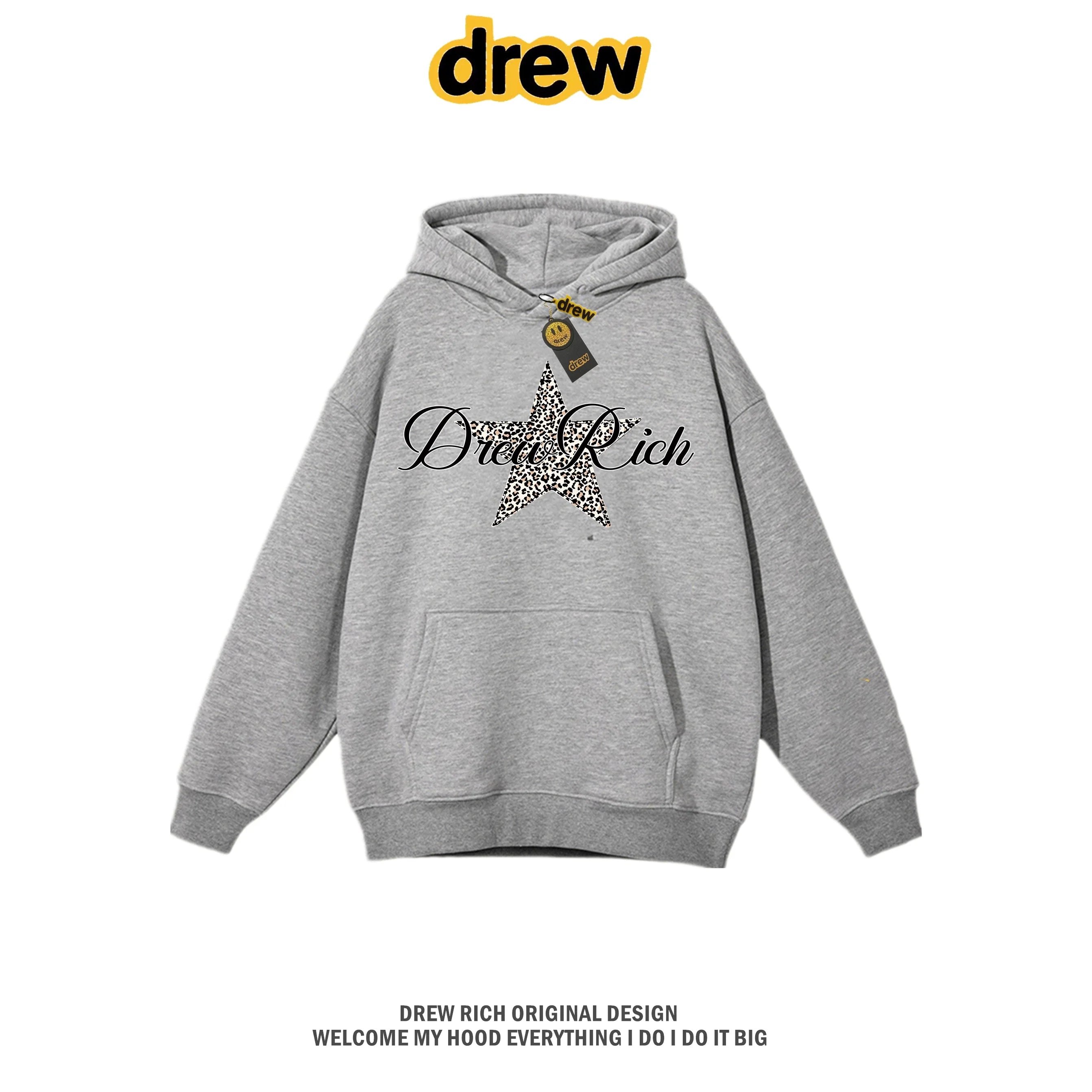 Drew Rich Grey Leopard Star Graphic Unisex Hooded Sweatshirt