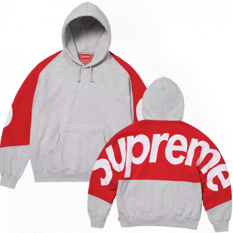 Supreme Grey Red Color‑Block Arc Logo Hoodie