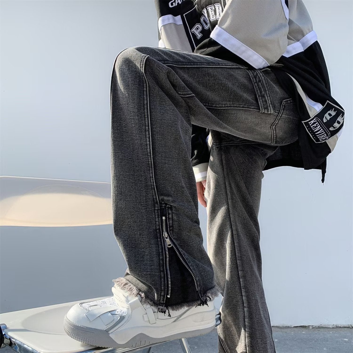 Men Jeans Oversize Zipper Jeans Summer Slim-Fit Micro Flared Pants