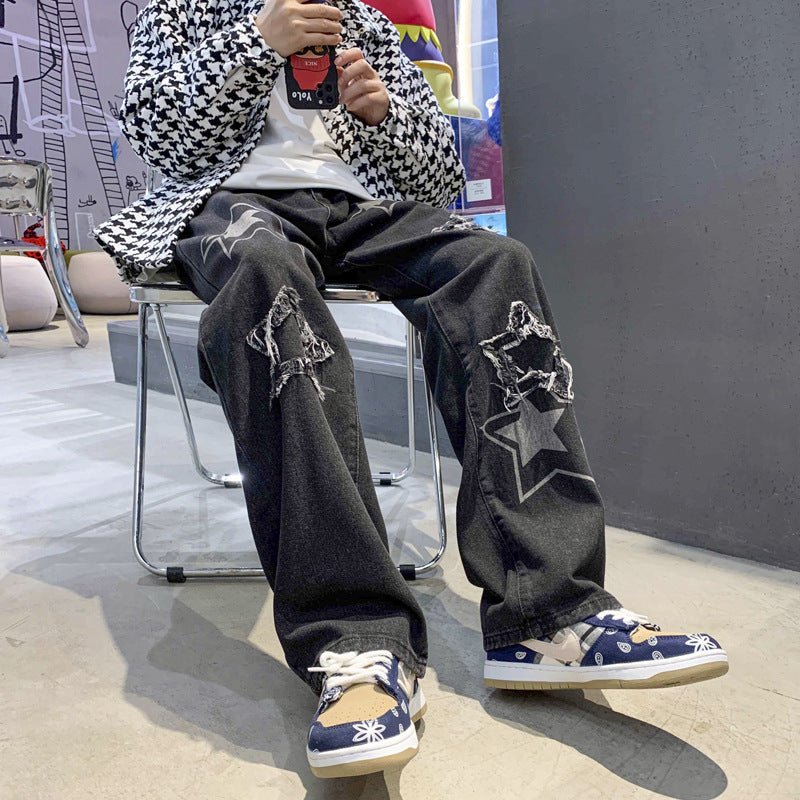 Men Jeans Embroidered Jeans Men's Winter Loose Five-Pointed Star Straight Wide-Leg Pants
