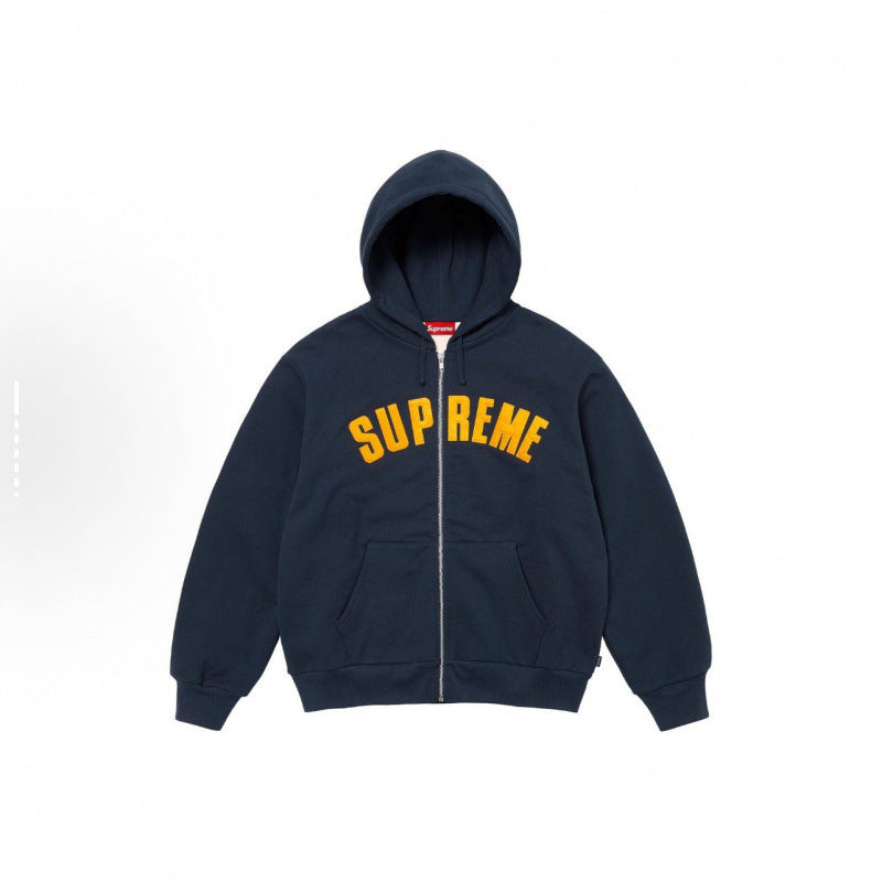 Supreme Navy Yellow Arc Logo Zip‑Up Hoodie