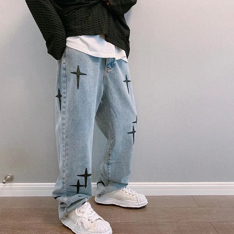 Men Jeans Autumn Cross Paste Cloth Embroidery Loose Straight Wide Trousers