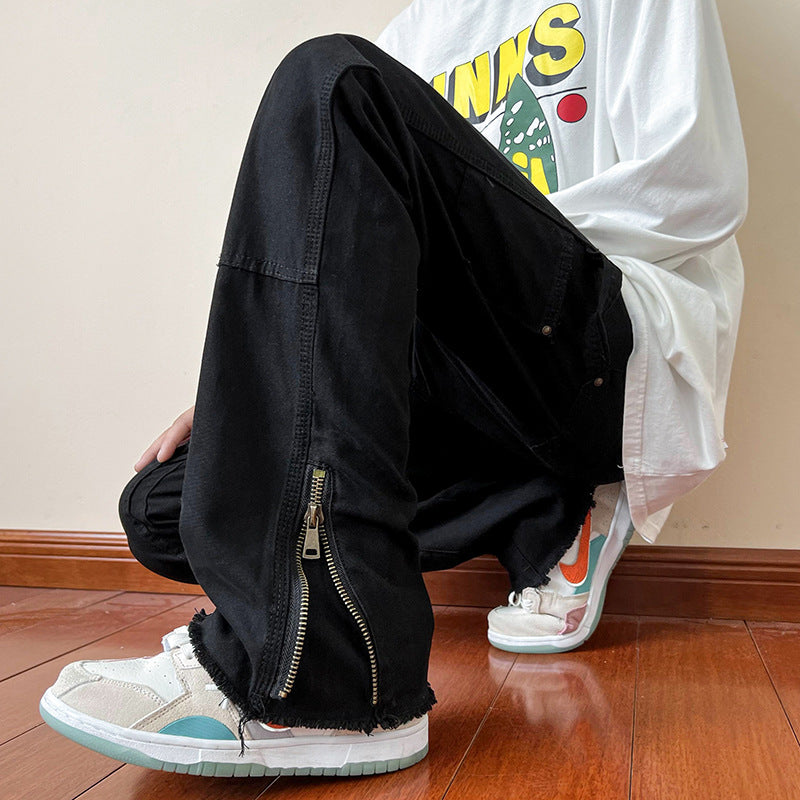 Men Jeans Black Jeans Loose Zip Straight Wide Leg Casual Pants