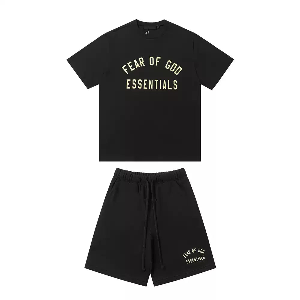 Fear Of God Essentials Logo T-Shirt & Shorts Set – Black Minimalist Streetwear Two Piece Outfit