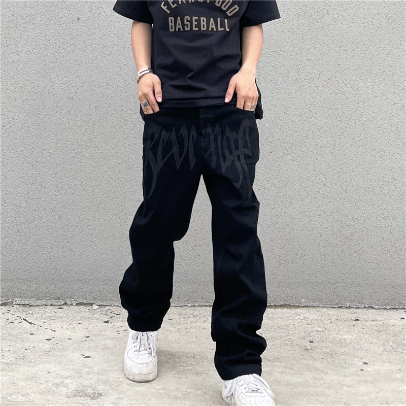 Men Jeans Black Jeans Men's and Women's Vintage Embroidered Straight Loose Jeans