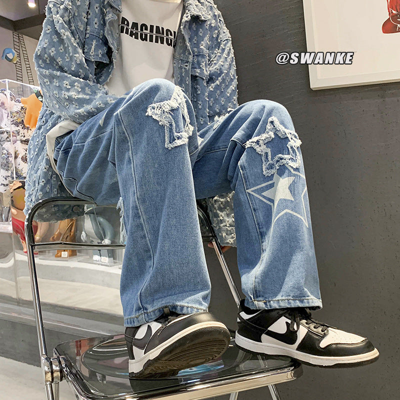 Men Jeans Embroidered Jeans Men's Winter Loose Five-Pointed Star Straight Wide-Leg Pants