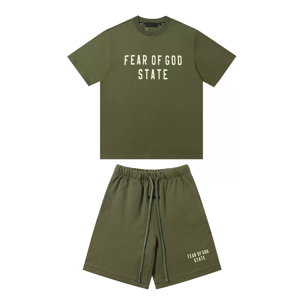FOG ESSENTIALS Double Line Sports and Leisure Set, Advanced Loose Round Neck Short sleeved T-shirt, Pure Cotton Shorts, Trendy (3)
