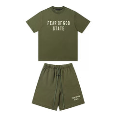 FOG ESSENTIALS Double Line Sports and Leisure Set, Advanced Loose Round Neck Short sleeved T-shirt, Pure Cotton Shorts, Trendy (3)