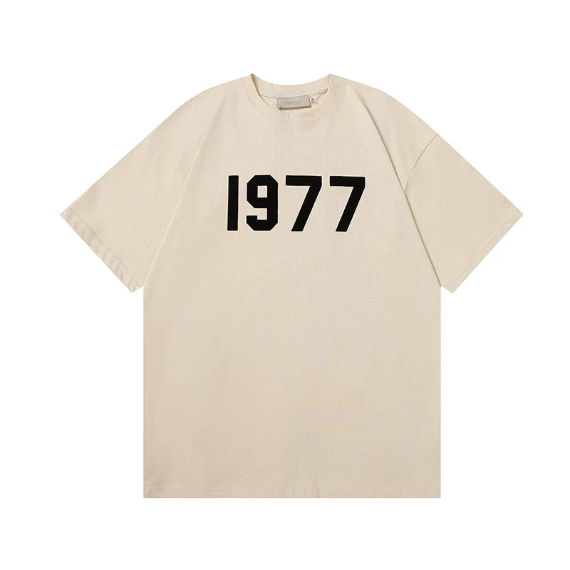 ESSENTIALS Double Line High Street Men's and Women's Summer Casual Loose Plush 1977 Short Sleeve T-shirt Large Size Couple's Wear (2)