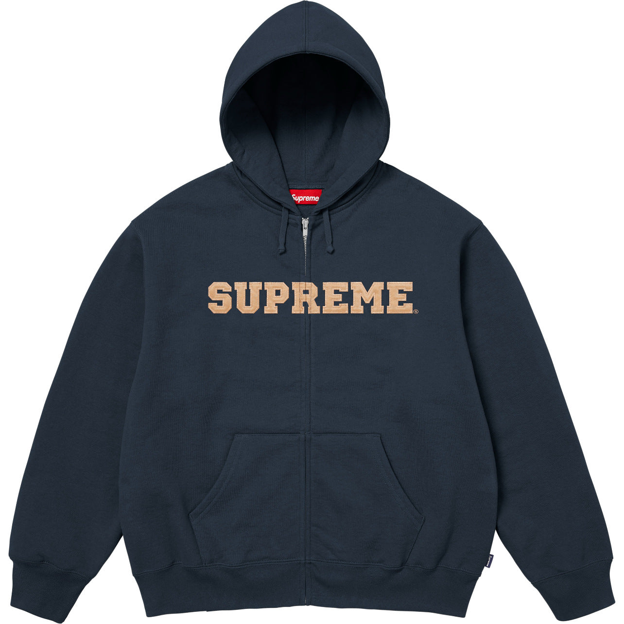 Supreme Tan Block Logo Navy Zip‑Up Hoodie