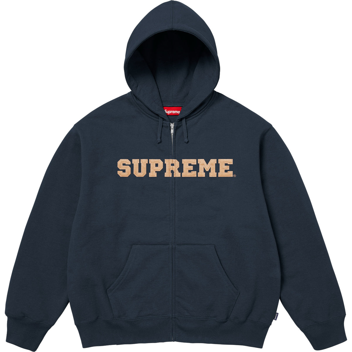 Supreme Tan Block Logo Navy Zip‑Up Hoodie